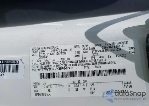 2019 Ford F-250 Platinum from USA, damaged, VIN 1FT7W2BT0KEF64740